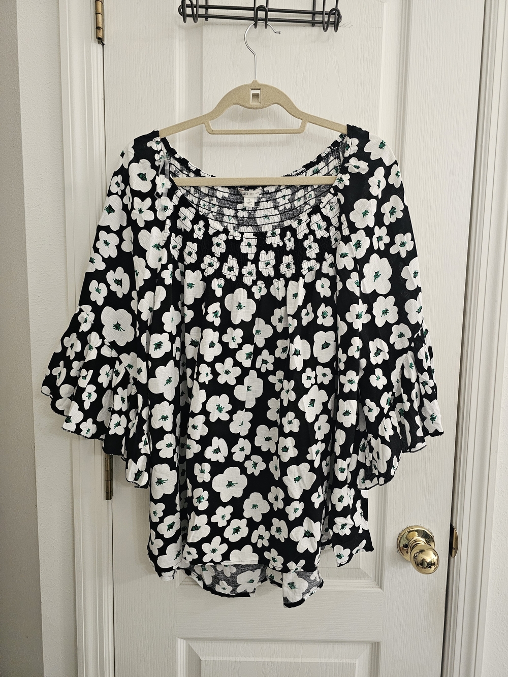 Cato Black Floral Peasant Blouse with Green Accents